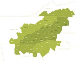 A map showing selected counties in WNC.